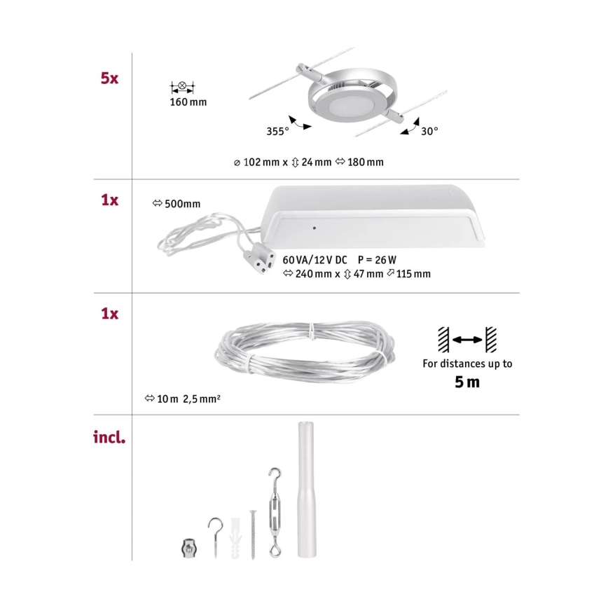 Paulmann 94414 - SÆT 5xLED/4,5W Spotlampe til lyskædesystem ROUNDMAC 230V skinnende krom