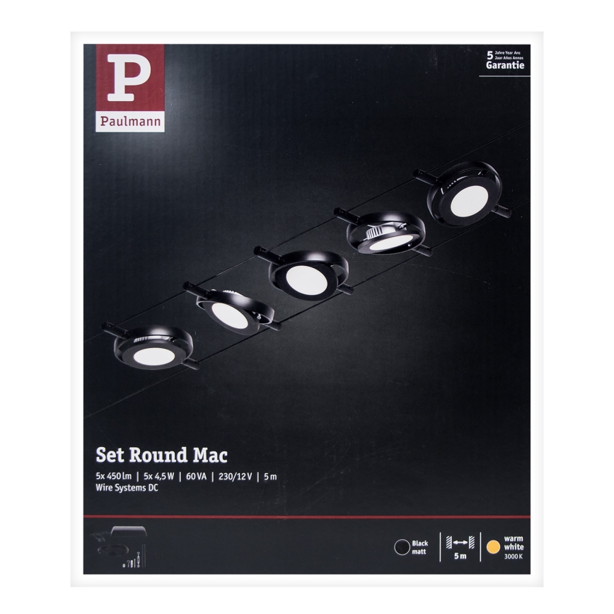 Paulmann 94418 - Sæt med 5x LED/4,5 W komplet kabelsystem ROUNDMAC 230 V, sort
