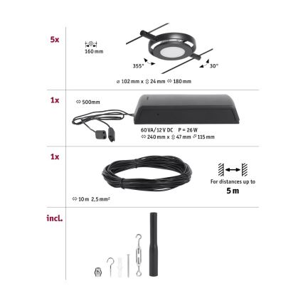 Paulmann 94418 - Sæt med 5x LED/4,5 W komplet kabelsystem ROUNDMAC 230 V, sort
