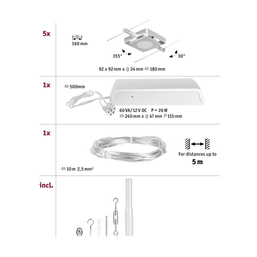Paulmann 94420 - Sæt 5xLED/4,5W komplet kabelsystem MAC 230V mat krom