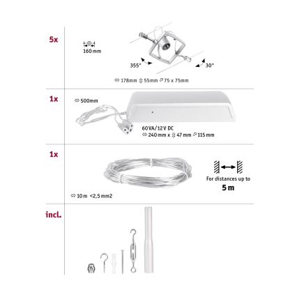 Paulmann 94430 - SÆT med 5xGU5,3/10W Spotlampe til kabelsystem MAC 230V mat krom