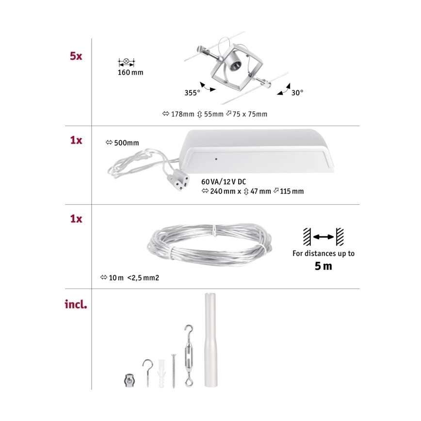 Paulmann 94430 - SÆT med 5xGU5,3/10W Spotlampe til kabelsystem MAC 230V mat krom