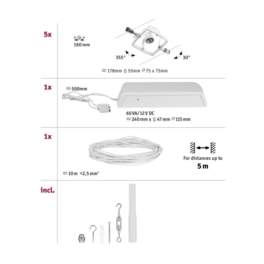 Paulmann 94432 - Sæt 5xGU5,3/10W Komplet kabelsystem MAC 230V, hvid