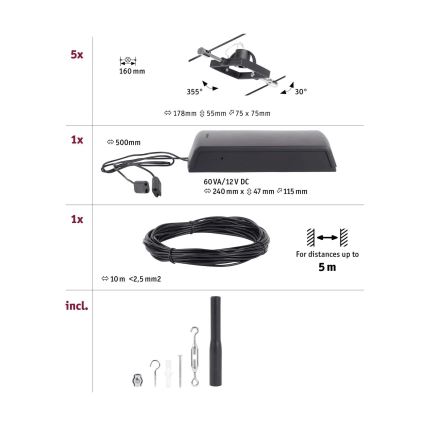Paulmann 94434 - SÆT 5xGU5,3/10W Spotlampe til kabelsystem MAC 230V sort