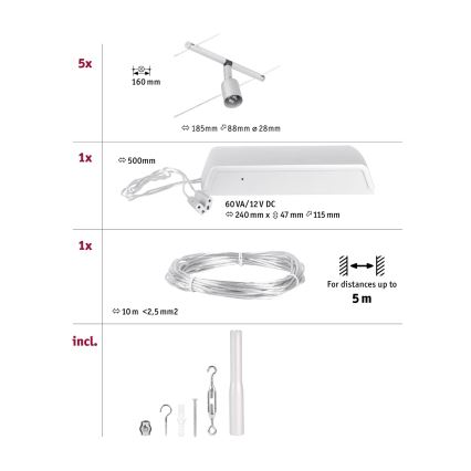 Paulmann 94442 - SÆT 5xGU5,3/10W Komplet kabelsystem SALT 230V mat krom