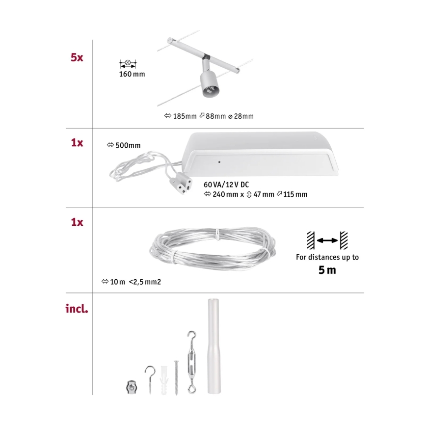 Paulmann 94442 - SÆT 5xGU5,3/10W Komplet kabelsystem SALT 230V mat krom
