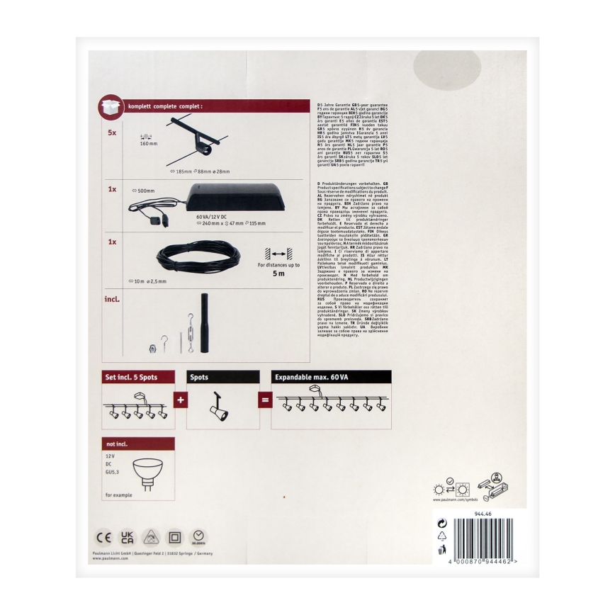 Paulmann 94446 - Sæt med 5xGU5,3/10W Komplet SALT kabelsystem 230V sort