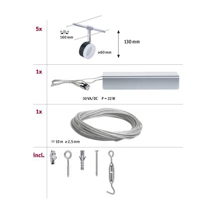 Paulmann 94457 - Sæt 5xLED/4W komplet wiresystem CLEAR 230V sort/blank krom