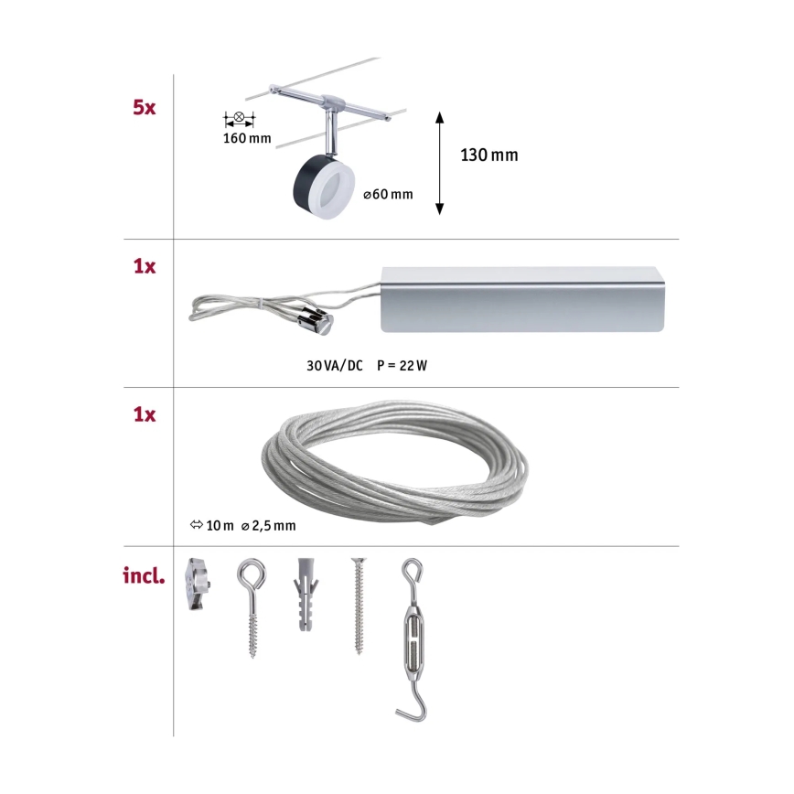 Paulmann 94457 - Sæt 5xLED/4W komplet wiresystem CLEAR 230V sort/blank krom