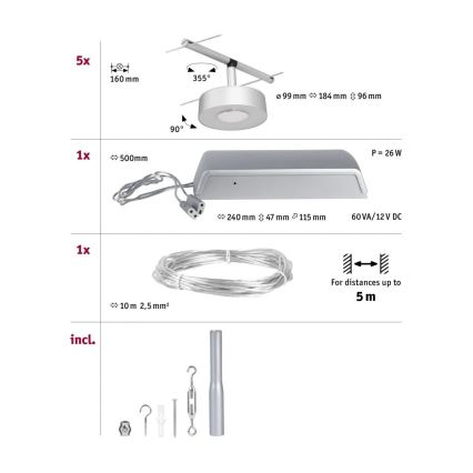 Paulmann 94475 - Sæt 5x LED/5W komplet wiresystem CIRCLE 230V mat krom