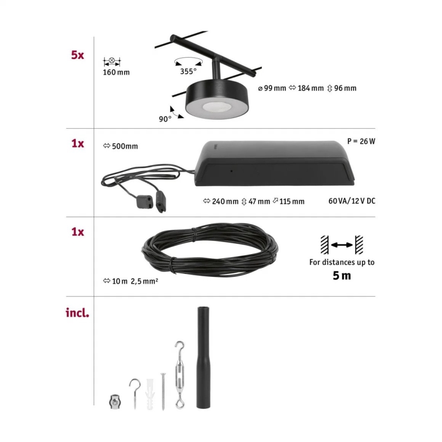 Paulmann 94479 - Sæt 5xLED/5W Komplet kabelsystem CIRCLE 230V sort