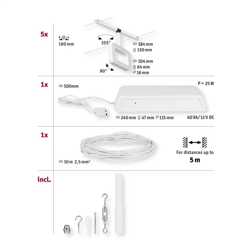 Paulmann 94483 - SÆT 5xLED/4,8W Komplet trådsystem FRAME 230V hvid