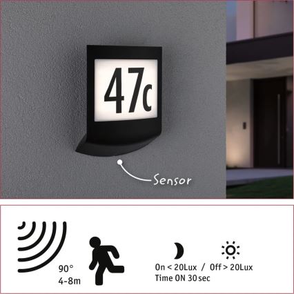 Paulmann 94513 - RGBW LED/8,2W IP44 Dæmpbar husnummerskilt med bevægelses- og skumringssensor PADEA 230V antracit