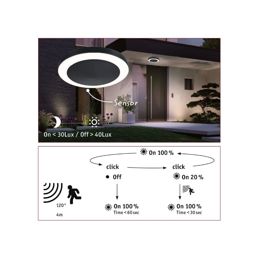 Paulmann 94526 - LED/14W IP44 Udendørs loftlampe med sensor CIRCULA 230V