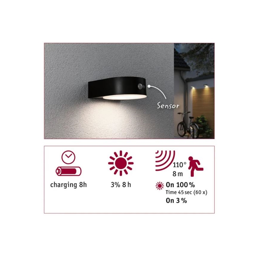 Paulmann 94570 - LED/5,5W IP44 Soldrevet væglampe med sensor EILEEN 3,7V 2000 mAh