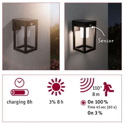 Paulmann 94572 -LED/5,5W IP44 Soldrevet væglampe med sensor MARISOL 3,7V 2000 mAh