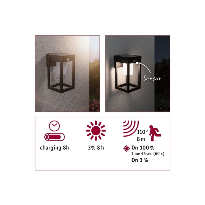 Paulmann 94572 -LED/5,5W IP44 Soldrevet væglampe med sensor MARISOL 3,7V 2000 mAh