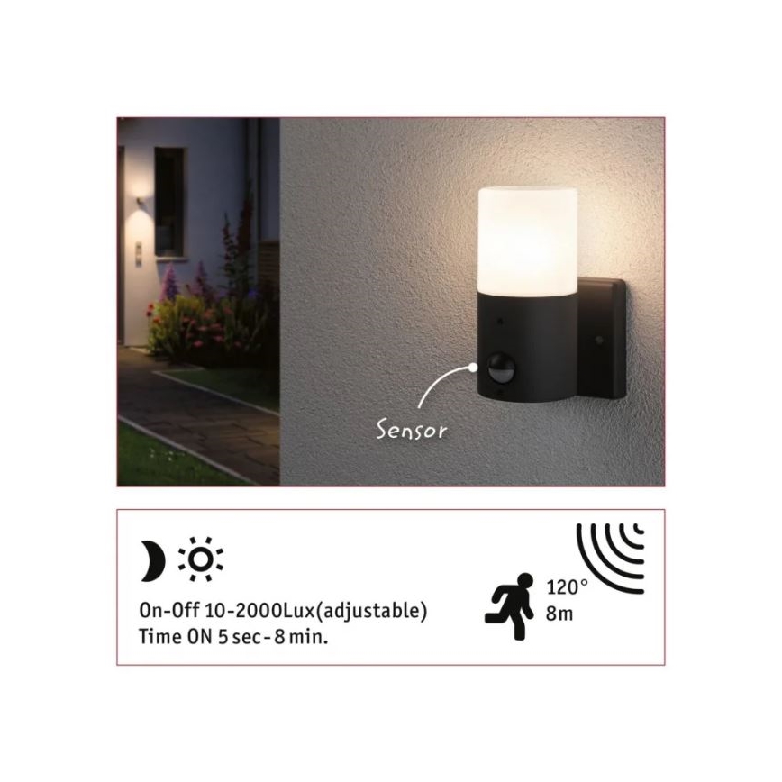 Paulmann 94648 - 1xE27/15W IP44 Udendørs væglampe med sensor TUBS 230V