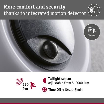 Paulmann 94956 - LED/20,5W IP65 Dæmpbar udendørs væglampe med bevægelses- og skumringssensor AUREVA 230V 2200/3000/4000K antracit