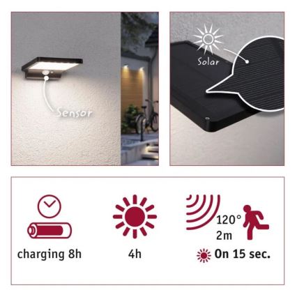 Paulmann 95393 - LED/4W IP44 Soldrevet væglampe med sensor dæmpbar SOLVEIG 3,7V 2000 mAh