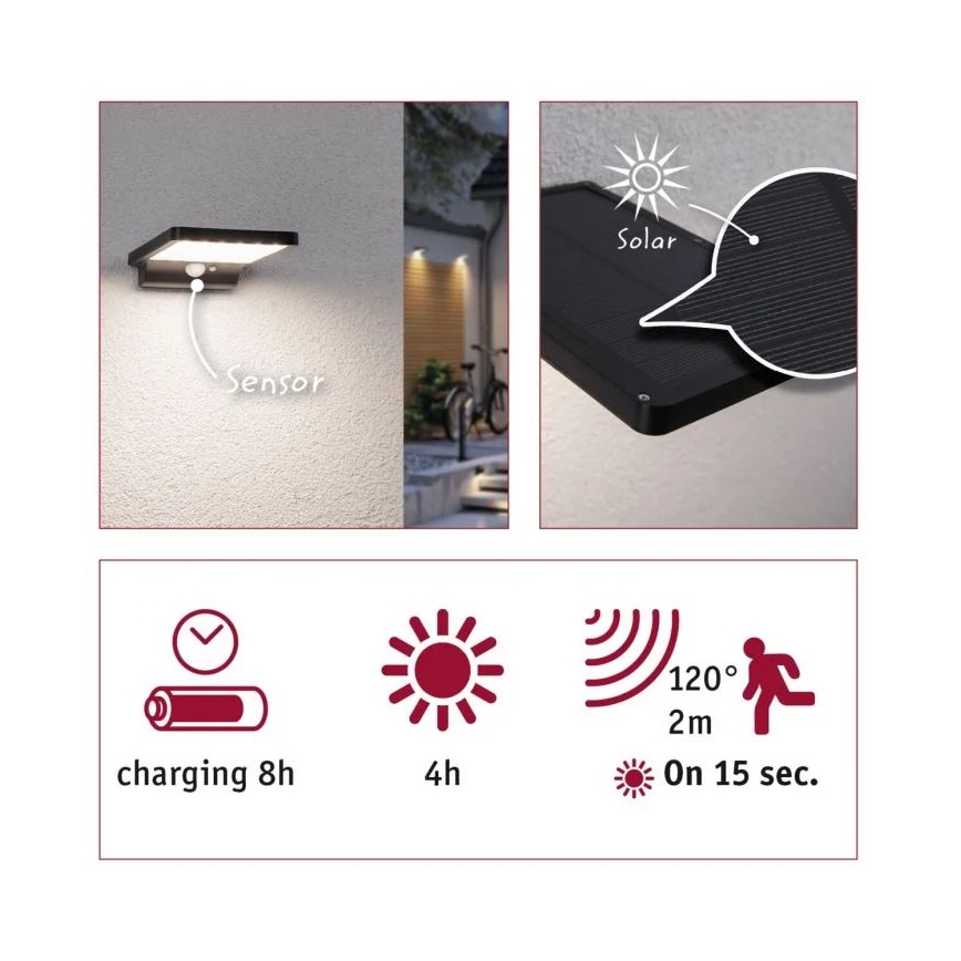 Paulmann 95393 - LED/4W IP44 Soldrevet væglampe med sensor dæmpbar SOLVEIG 3,7V 2000 mAh