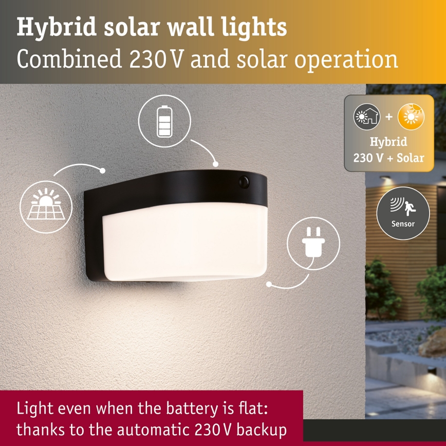 Paulmann 95747 - LED/2,3W IP44 Solcelledrevet væglampe med sensor CALYNE 3,7/230V 4000 mAh sort