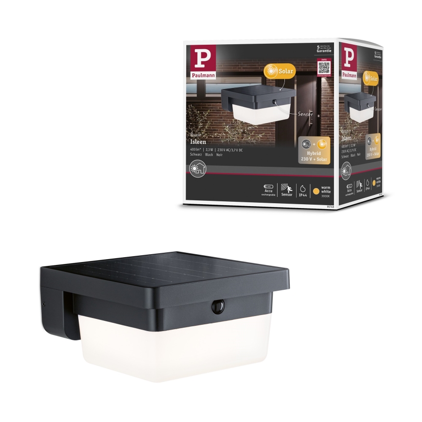 Paulmann 95748 - LED/2,3W IP44 Solcelle væglampe med sensor ISLEEN 3,7/230V 4000 mAh sort