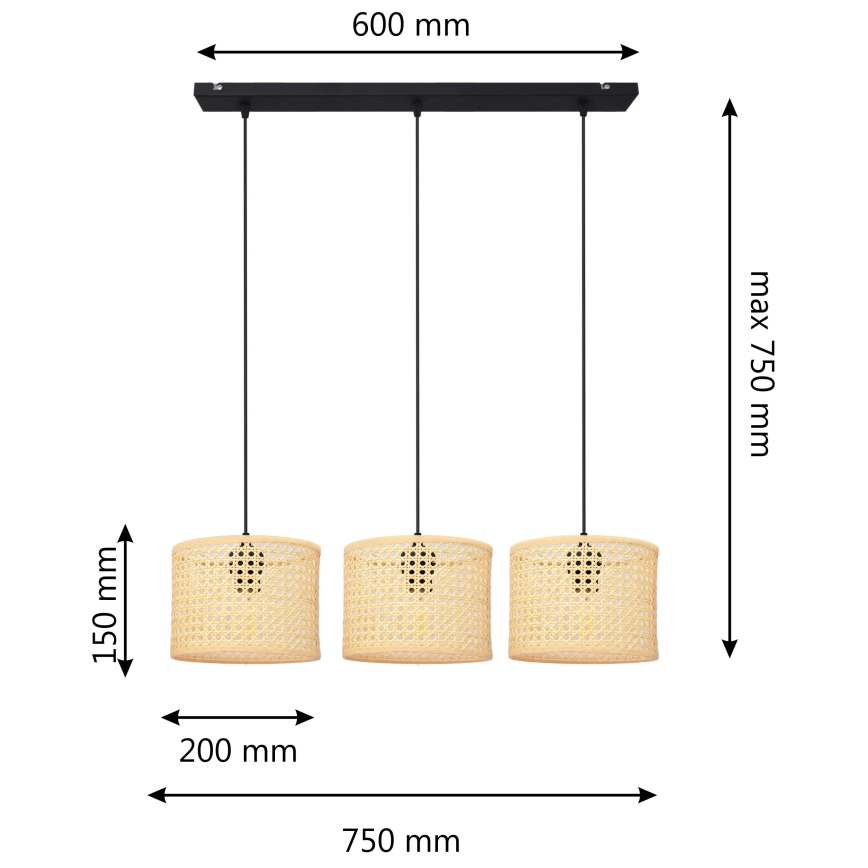 Pendel ALBA 3xE27/15W/230V Rattan/sort