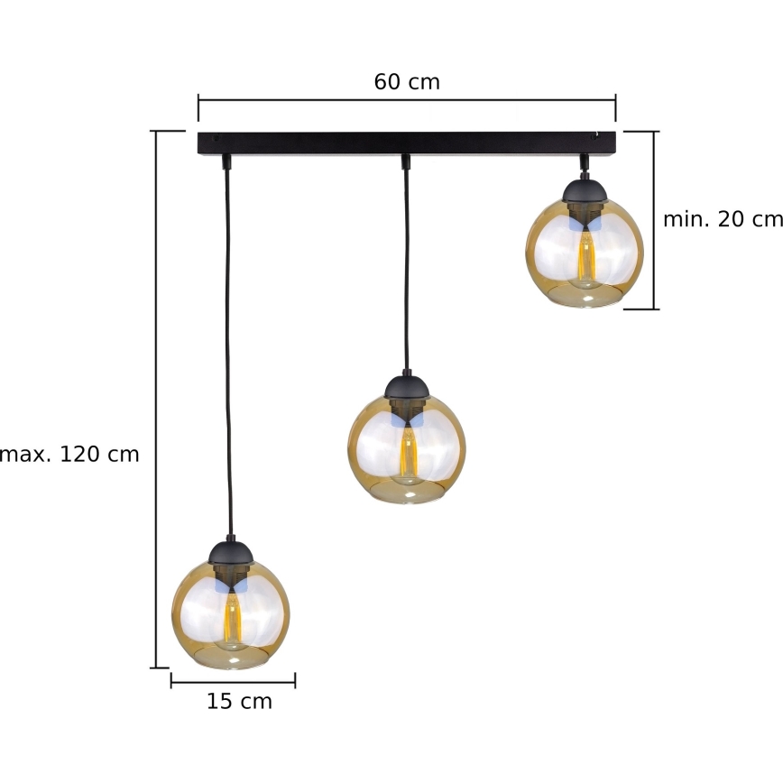 Pendel AMBRE BLACK 3xE27/60W/230V sort/røget brun