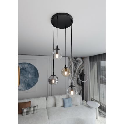 Pendel COSMO 4xE14/10W/230V diameter 40 cm sort/grå/beige/transparent