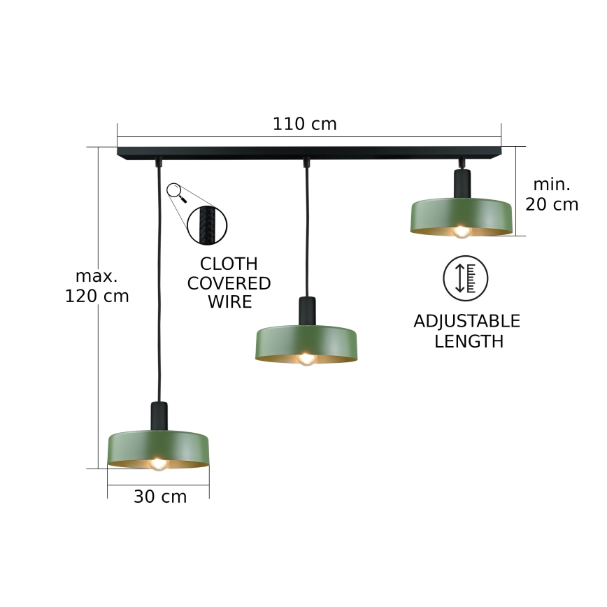 Pendel HAKI 3xE27/60W/230V grøn/sort