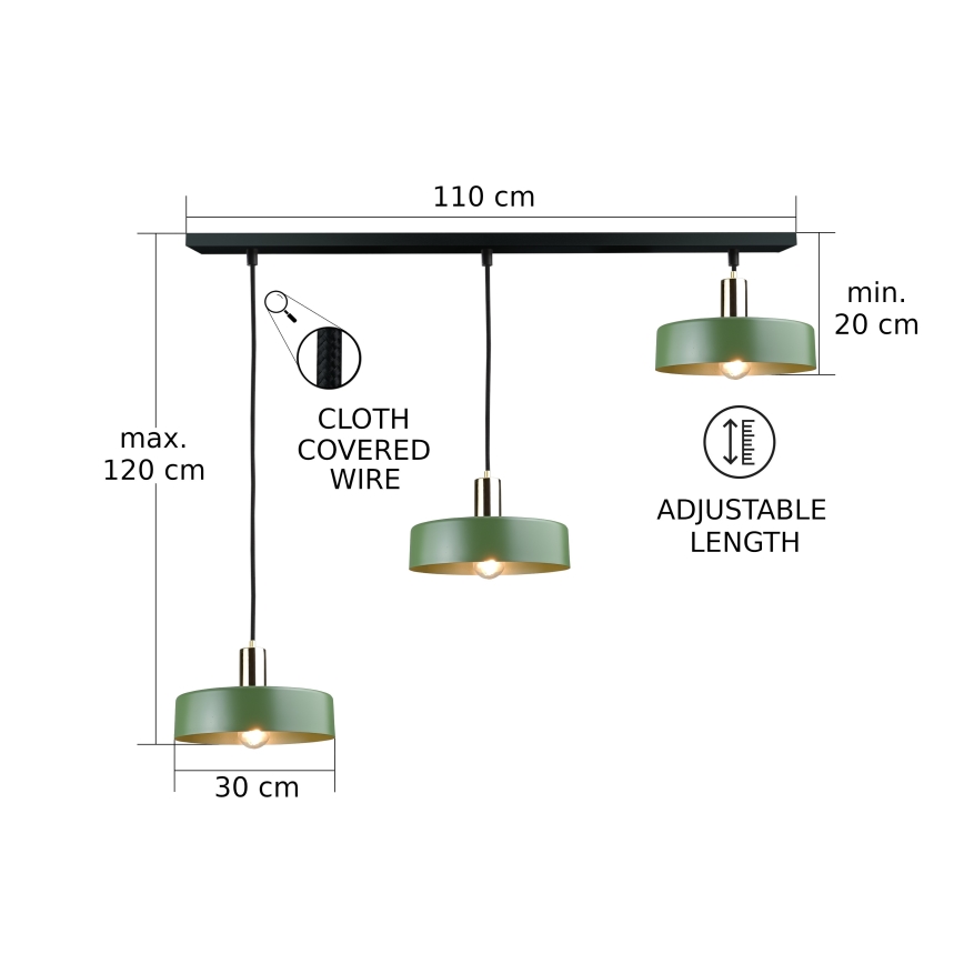 Pendel HAKI 3xE27/60W/230V grøn/sort/skinnende krom