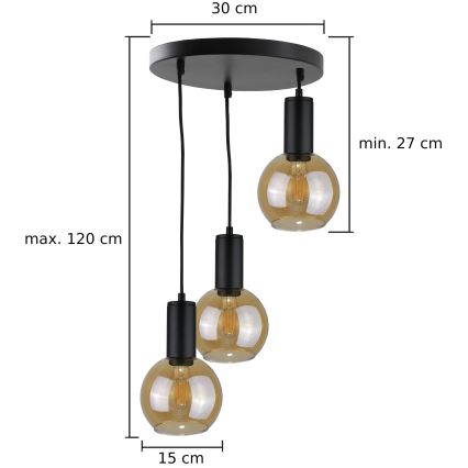Pendel JANTAR BLACK 3xE27/60W/230V diameter 30 cm