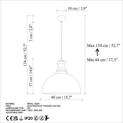 Pendel KURE 1xE27/40W/230V diameter 40 cm grå