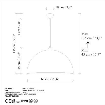 Pendel KURE 1xE27/40W/230V diameter 60 cm grå