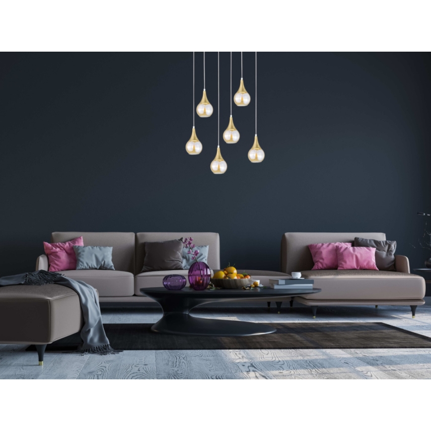 Pendel LACRIMA HONEY 6xE27/60W/230V hvid/guldfarvet/røget beige