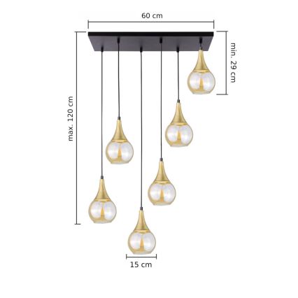 Pendel LACRIMA HONEY 6xE27/60W/230V sort/guldfarvet/røget beige