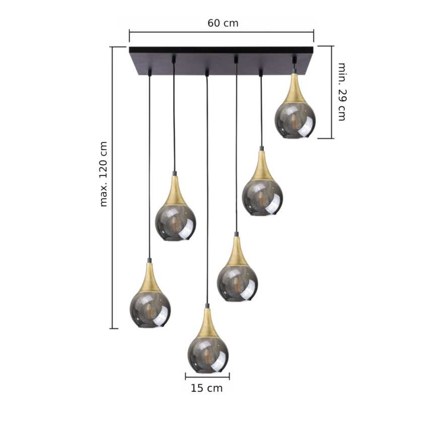 Pendel LACRIMA SMOKY 6xE27/60W/230V sort/guldfarvet/røget sort