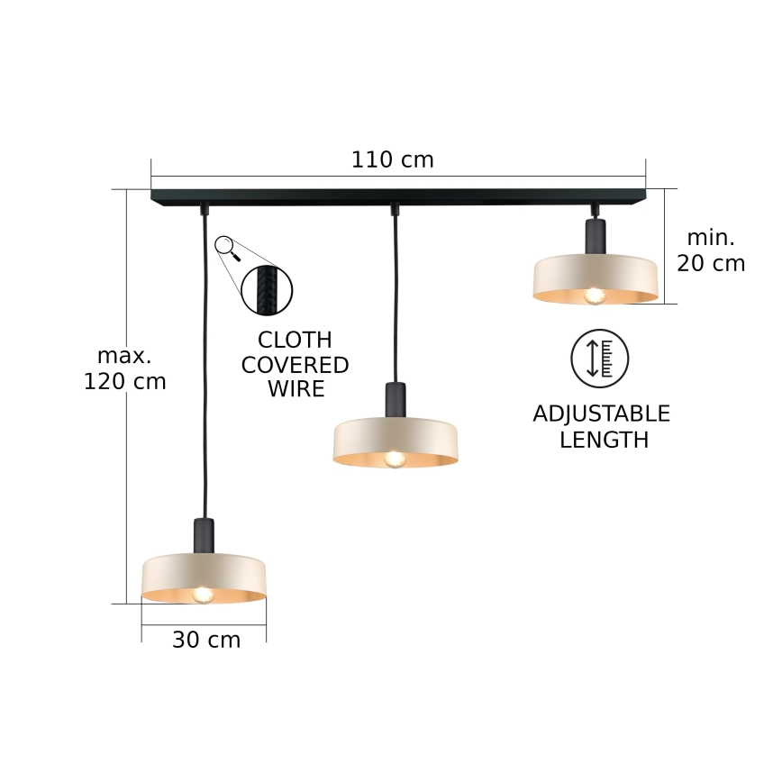Pendel LATTE 3xE27/60W/230V beige/sort