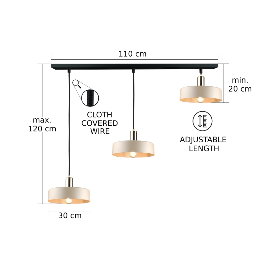 Pendel LATTE 3xE27/60W/230V beige/sort/skinnende krom