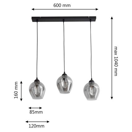 Pendel LILI 3xE27/15W/230V sort/grå