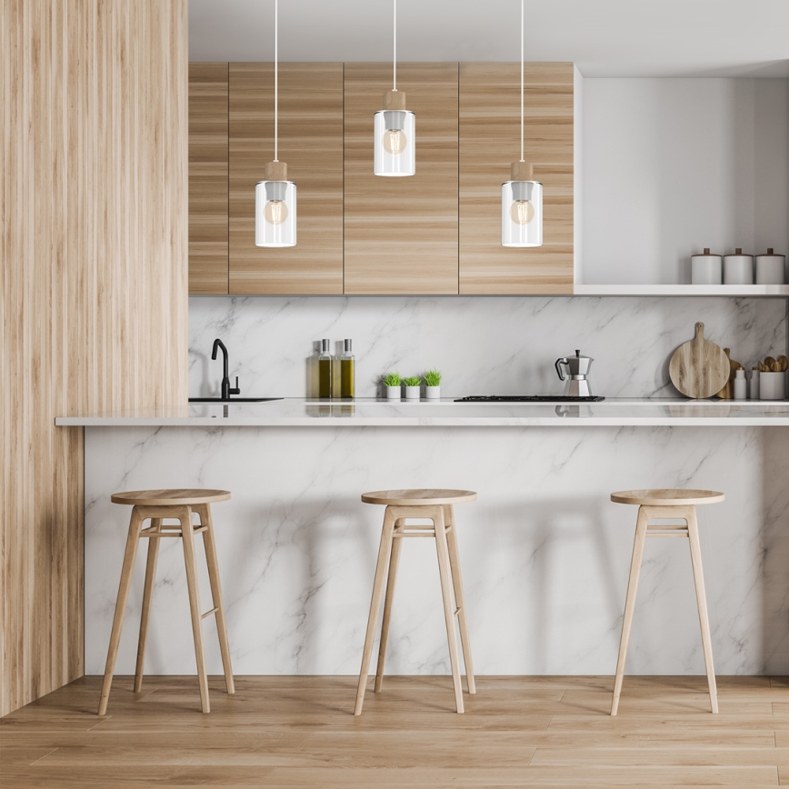 Pendel MADERA 3xE27/60W/230V hvid/træ
