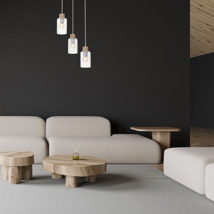 Pendel MADERA 3xE27/60W/230V hvid/træ