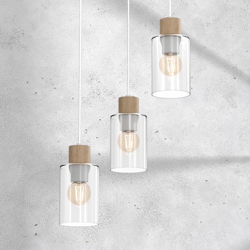 Pendel MADERA 3xE27/60W/230V hvid/træ