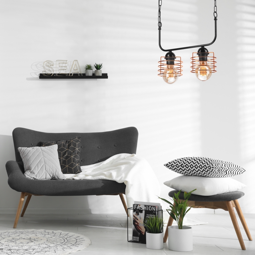 Pendel med kædeophæng MORGAN 2xE27/60W/230V sort/kobberfarvet