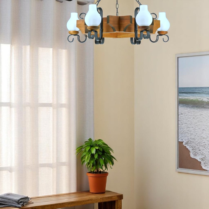 Pendel med kædeophæng QUEEN 6xE14/40W/230V bøg - FSC certificeret
