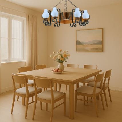 Pendel med kædeophæng QUEEN 8xE14/40W/230V bøg - FSC certificeret