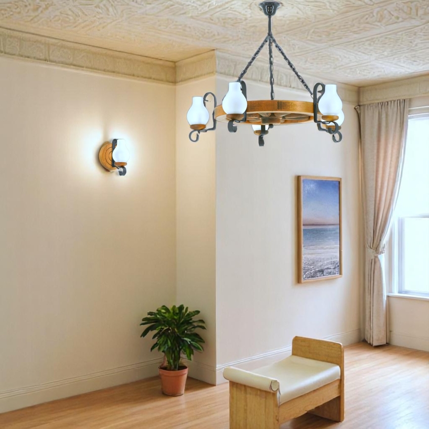 Pendel med kædeophæng ROATA 5xE14/40W/230V diameter 70 cm bøg - FSC certificeret