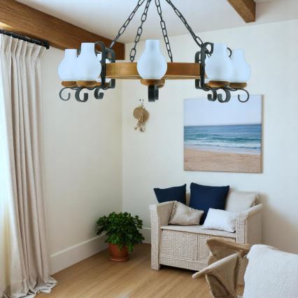 Pendel med kædeophæng ROATA 8xE14/40W/230V diameter 70 cm bøg - FSC certificeret