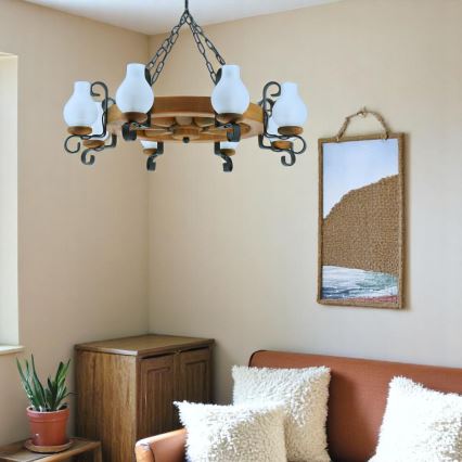 Pendel med kædeophæng ROATA 8xE14/40W/230V diameter 70 cm bøg - FSC certificeret